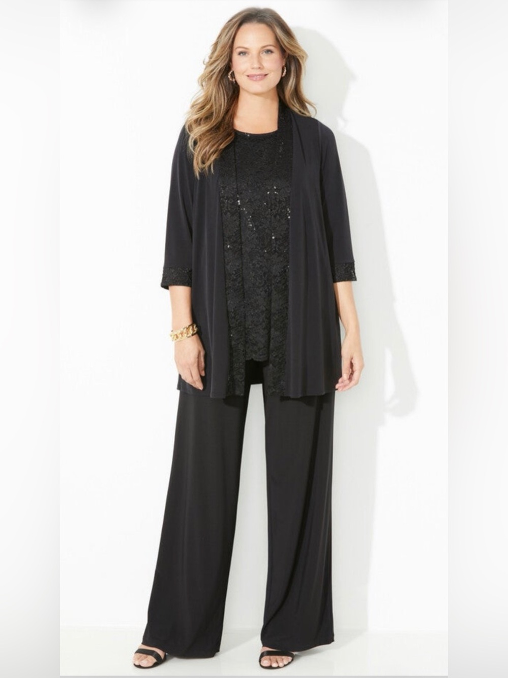 Catherines 18W Black Sequin 3-Piece Pant Suit Set | Elegant Special Occasion
